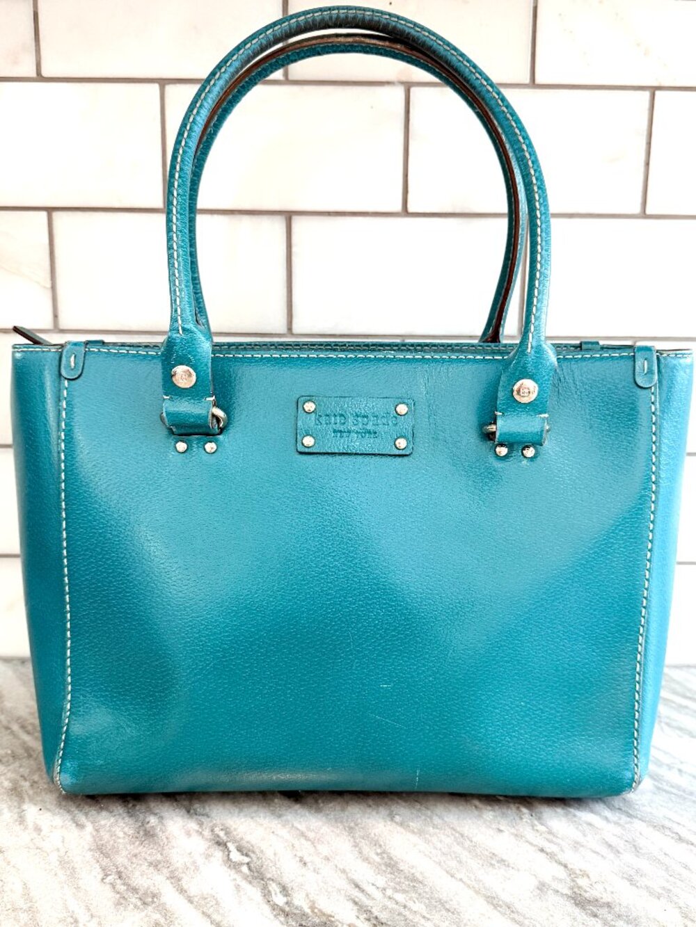 Kate Spade Teal Leather Tote Satchel Bag Polka Dot
